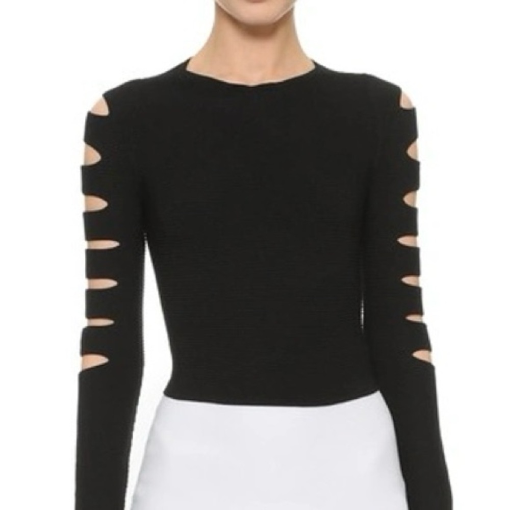 Cushnie Et Ochs Anastasia Ribbed Cutout Long-Sleeve Crop Knit Black Top, Size M